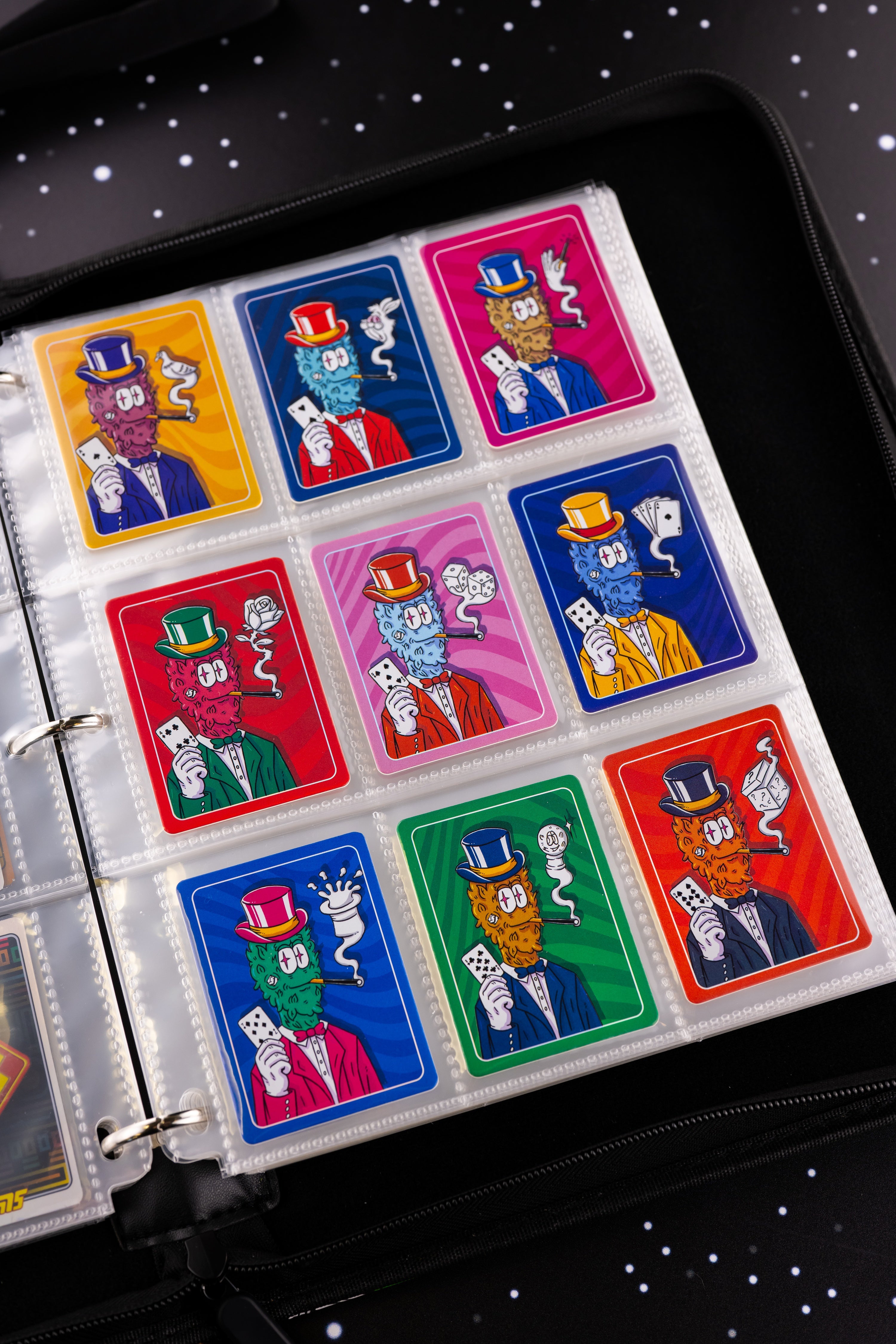 Open binder displaying an assortment of Sluggers collectible cards. Included card is random.